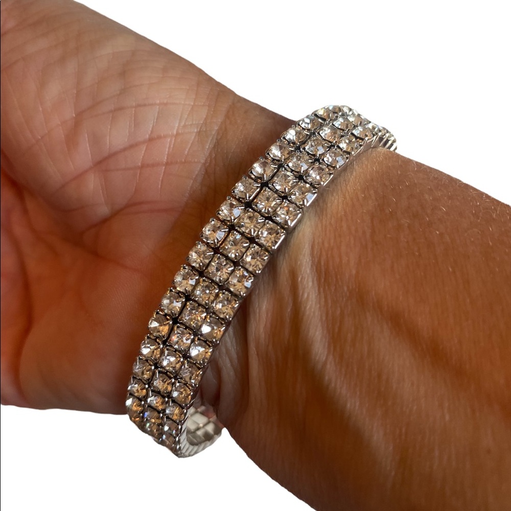 Triple Layered Diamond Rhinestone Stretch Bracelet - Picture 2 of 4